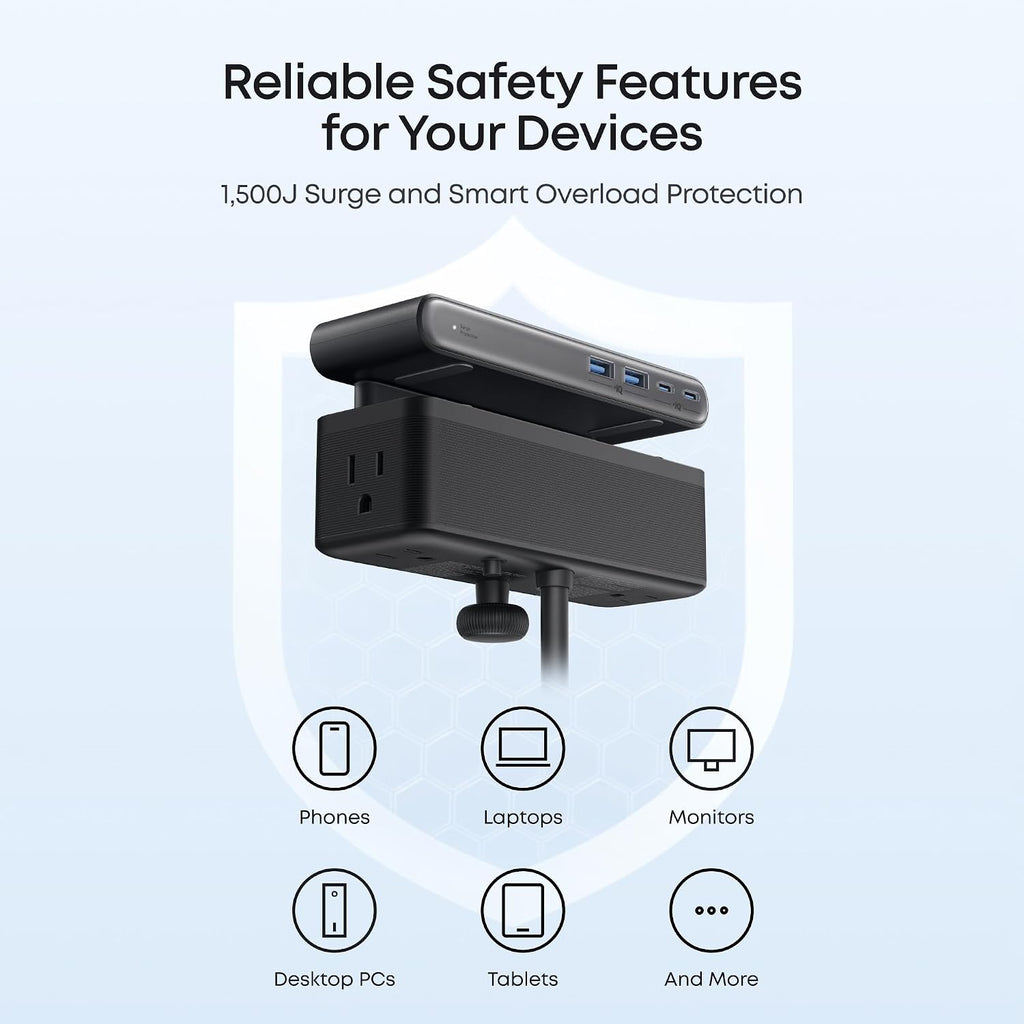 Anker Nano Power Strip with Desk Clamp – 10-in-1, 70W USB-C, 1500J Surge Protector
