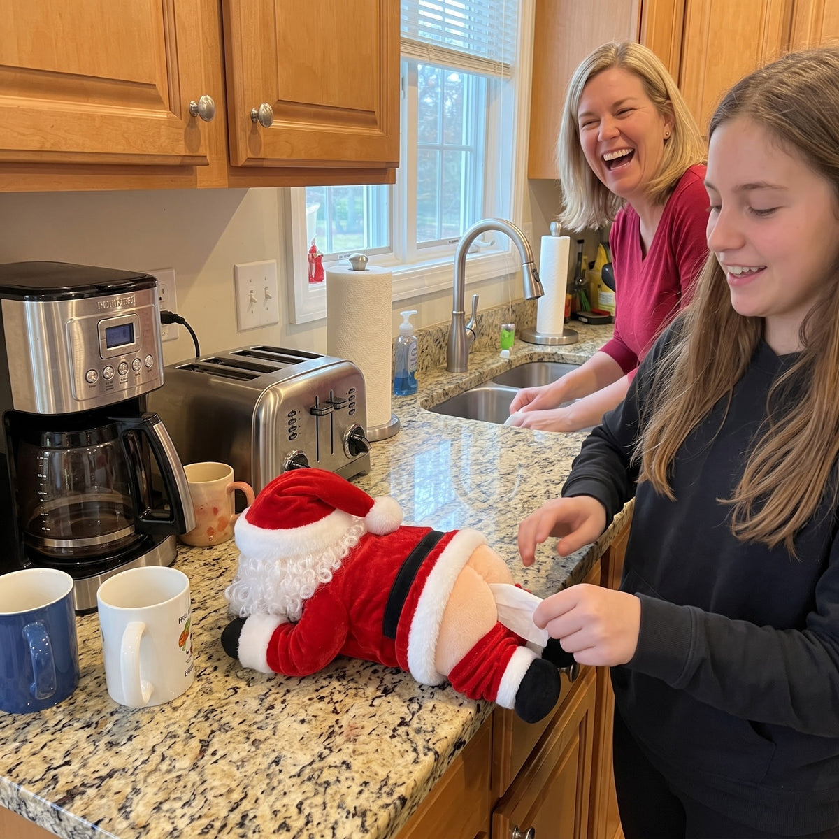 Santa tissue holder on the kitchen counter