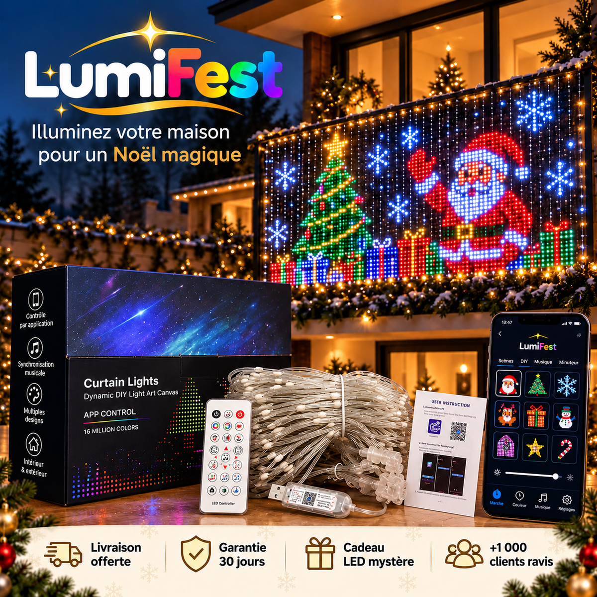 Animated Christmas LED curtain on a balcony at night