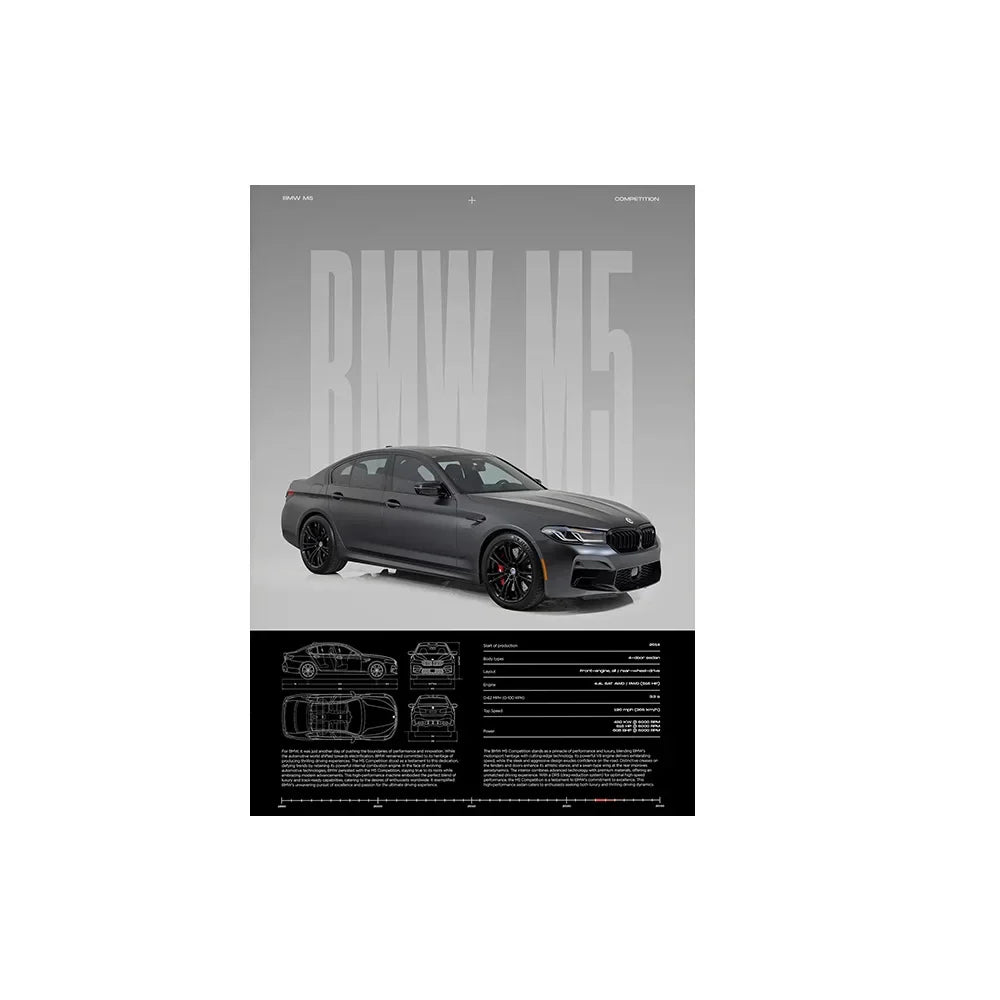 Performance Sports Car Canvas Wall Art – Minimalist Race Car Poster Prints (Unframed) - BMW M5 – Gray / 8" × 12" (20 × 30 cm)