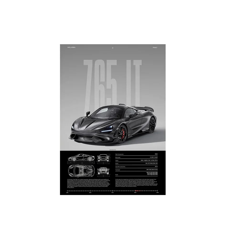 Performance Sports Car Canvas Wall Art – Minimalist Race Car Poster Prints (Unframed) - 765LT – Gray / 8" × 12" (20 × 30 cm)