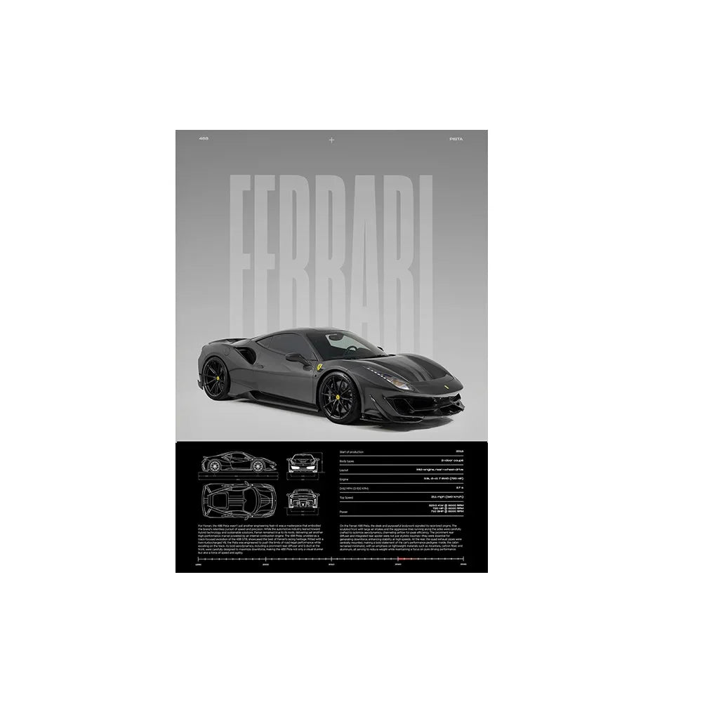 Performance Sports Car Canvas Wall Art – Minimalist Race Car Poster Prints (Unframed) - Ferrari – Gray / 8" × 12" (20 × 30 cm)