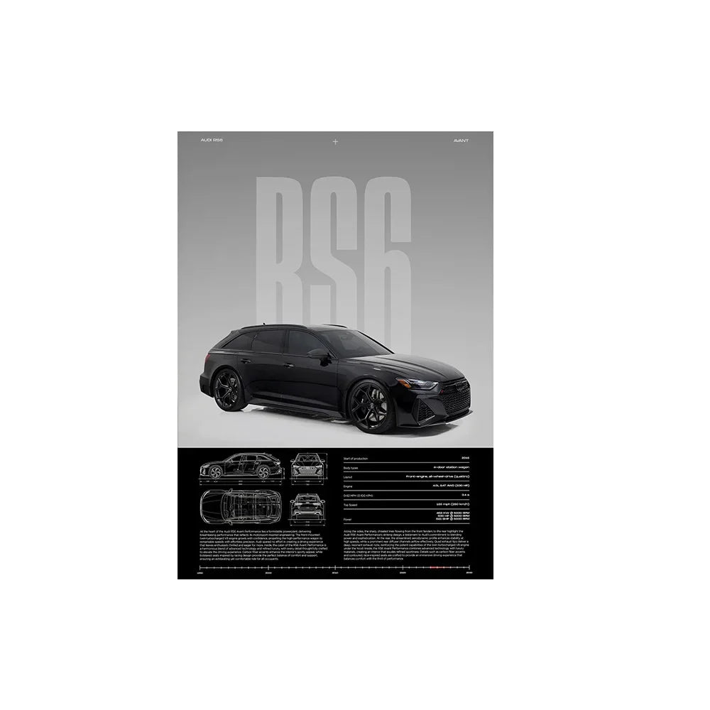 Performance Sports Car Canvas Wall Art – Minimalist Race Car Poster Prints (Unframed) - RS6 – Black / 8" × 12" (20 × 30 cm)