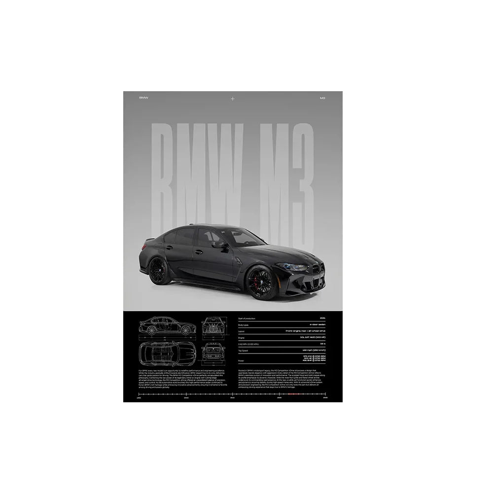 Performance Sports Car Canvas Wall Art – Minimalist Race Car Poster Prints (Unframed) - BMW M3 – Black / 8" × 12" (20 × 30 cm)