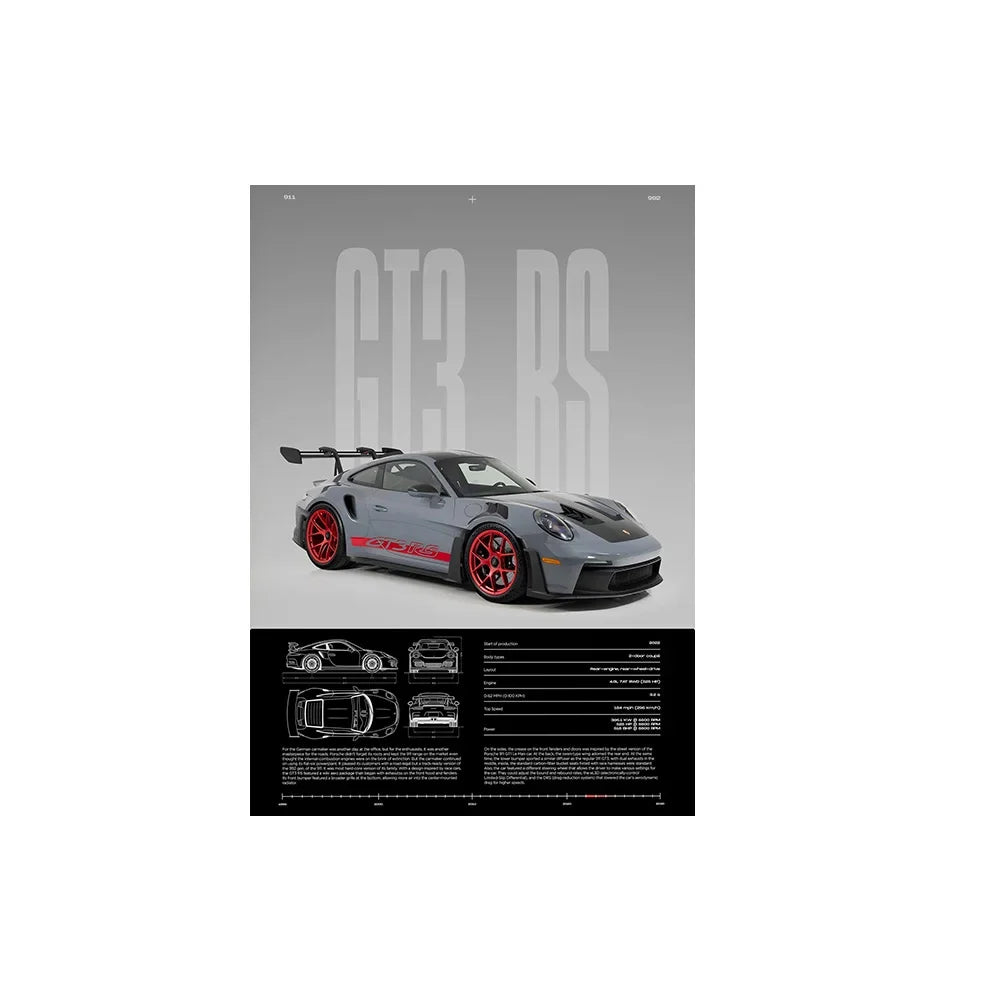 Performance Sports Car Canvas Wall Art – Minimalist Race Car Poster Prints (Unframed) - GT3 RS – Gray & Red / 8" × 12" (20 × 30 cm)
