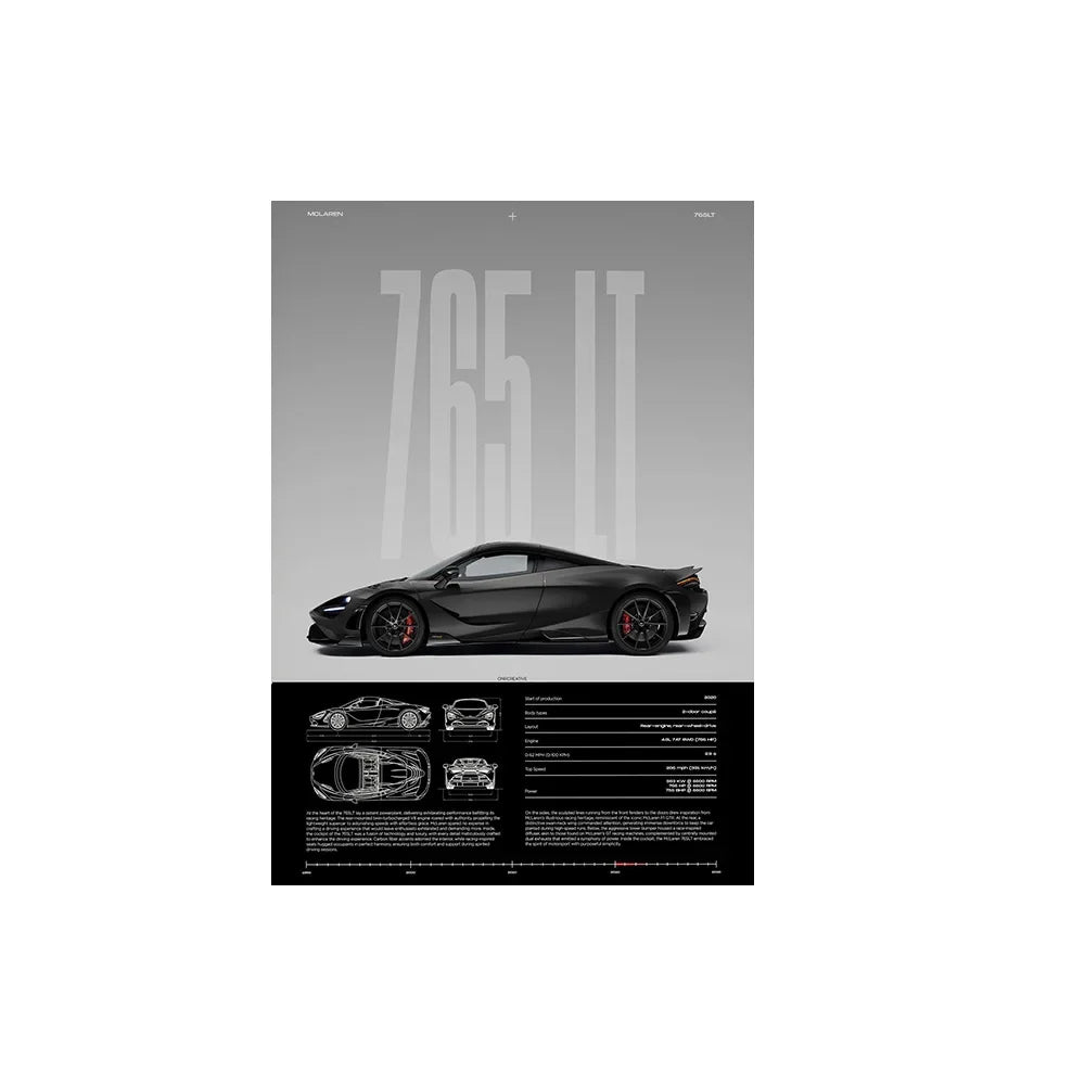 Performance Sports Car Canvas Wall Art – Minimalist Race Car Poster Prints (Unframed) - 765LT – Black / 8" × 12" (20 × 30 cm)