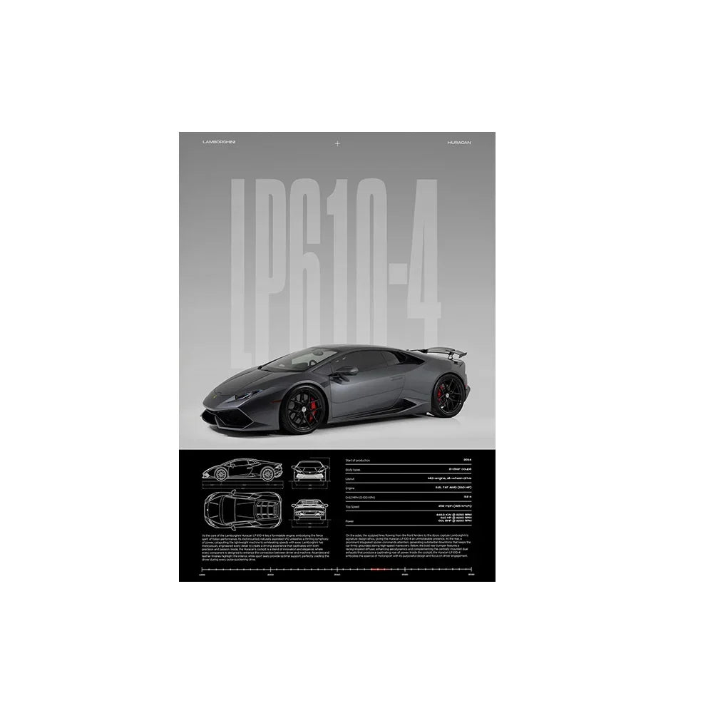 Performance Sports Car Canvas Wall Art – Minimalist Race Car Poster Prints (Unframed) - LP610-4 – Gray / 8" × 12" (20 × 30 cm)