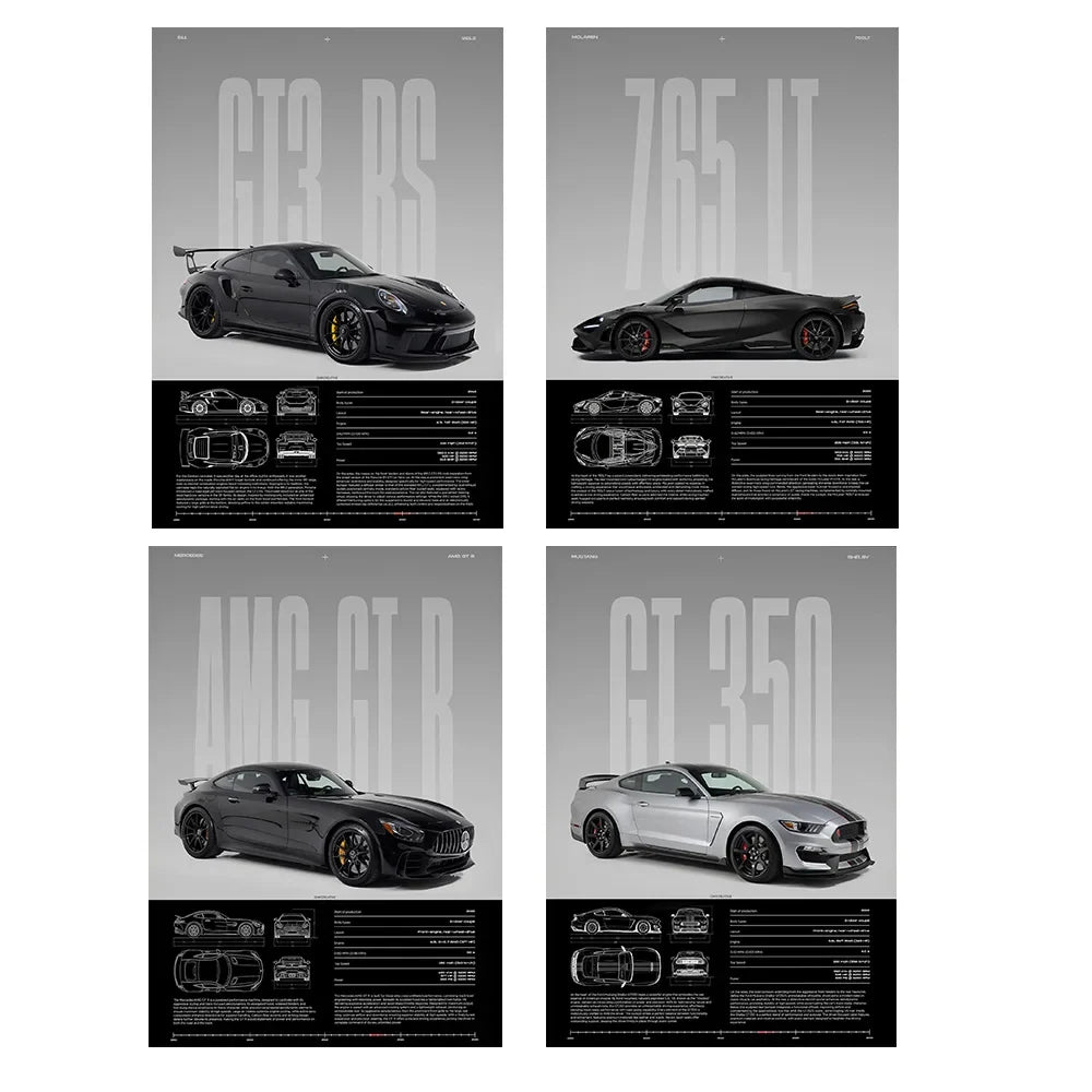 Performance Sports Car Canvas Wall Art – Minimalist Race Car Poster Prints (Unframed)