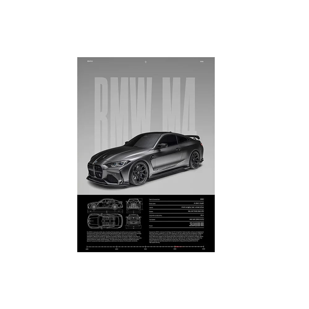 Performance Sports Car Canvas Wall Art – Minimalist Race Car Poster Prints (Unframed) - BMW M4 – Gray / 8" × 12" (20 × 30 cm)