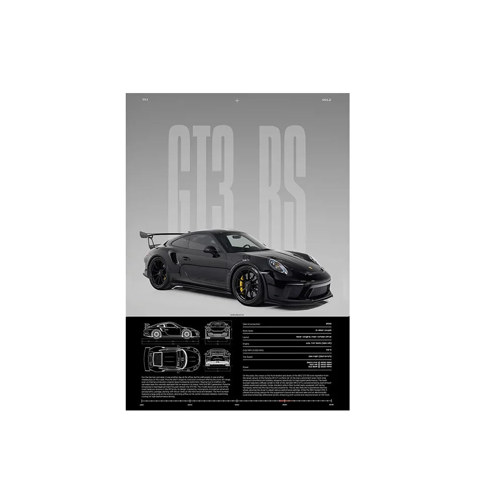 Performance Sports Car Canvas Wall Art – Minimalist Race Car Poster Prints (Unframed) - GT3 RS – Black / 8" × 12" (20 × 30 cm)