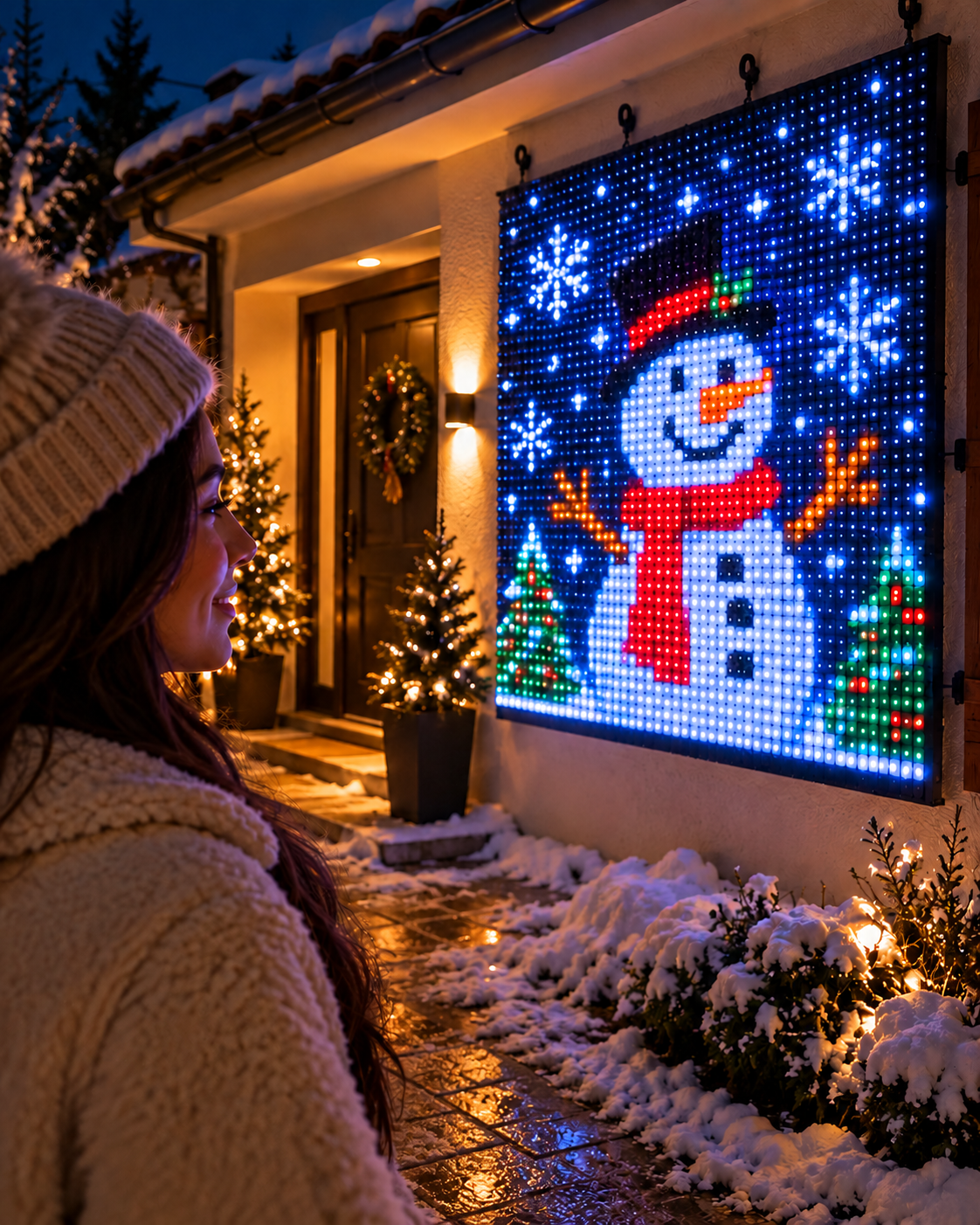 Family evening in front of the glowing snowman