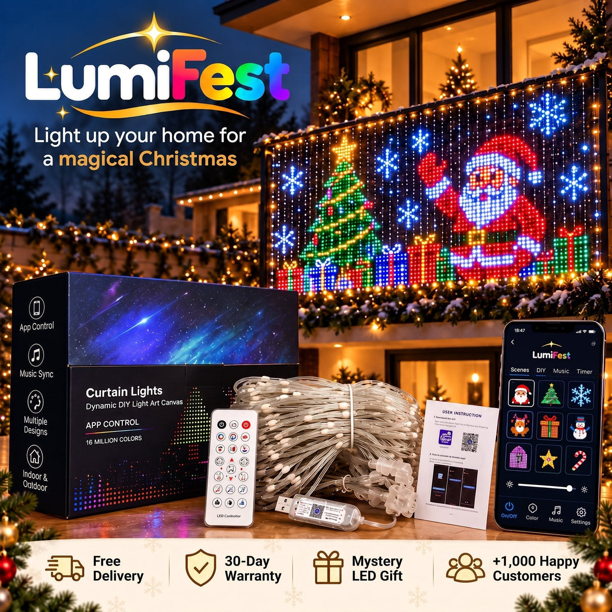 Animated LED curtain lighting up a balcony for Christmas