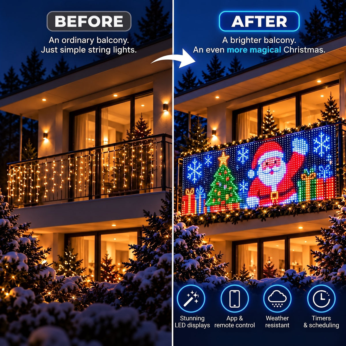 Before and after: balcony transformed with the LED curtain