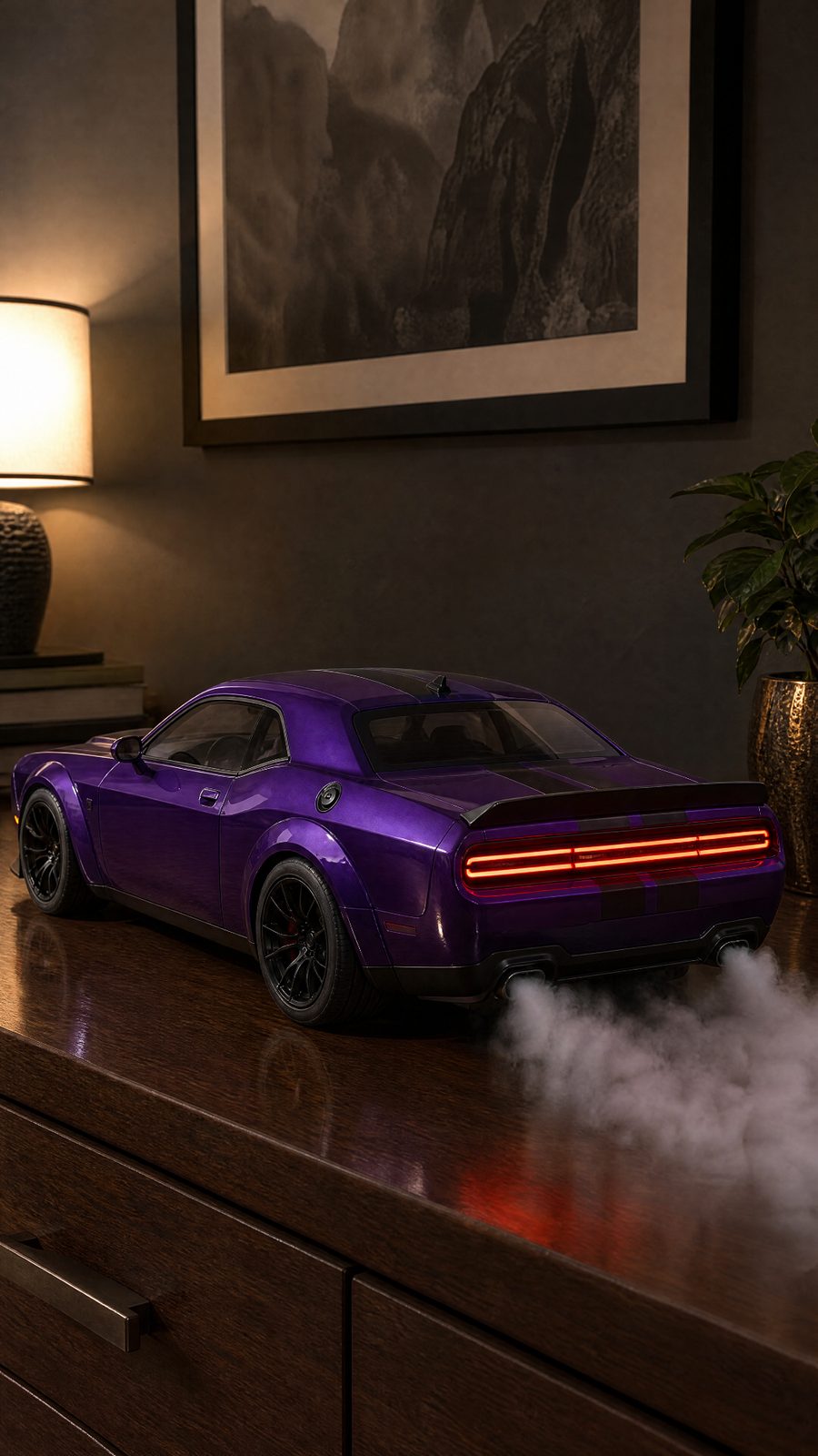 Purple Challenger Mist Car – LED Humidifier with Exhaust Smoke Effect